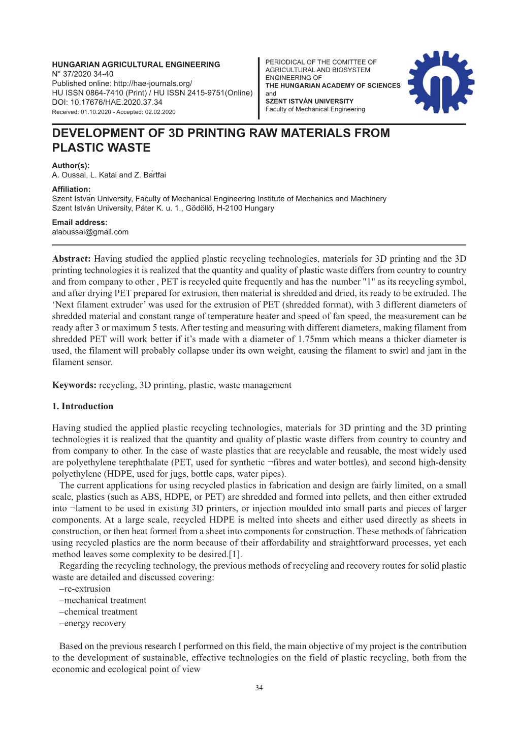 Development of 3D Printing Raw Materials from Plastic Waste