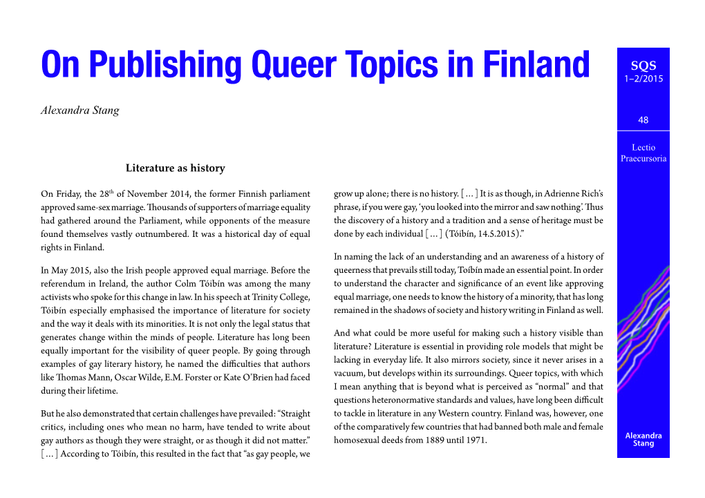 On Publishing Queer Topics in Finland 1–2/2015