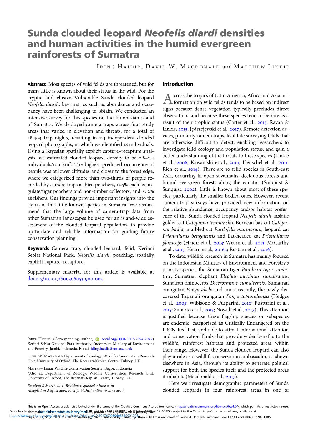 Sunda Clouded Leopard Neofelis Diardi Densities and Human Activities in the Humid Evergreen Rainforests of Sumatra