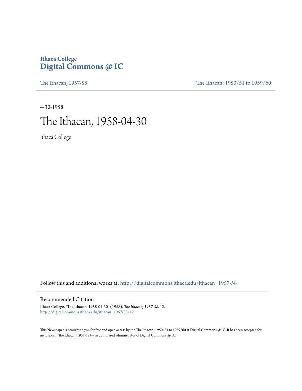 The Ithacan, 1958-04-30