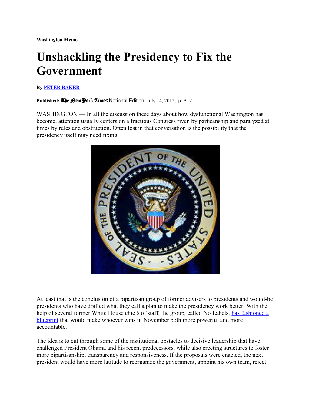 Unshackling the Presidency to Fix the Government