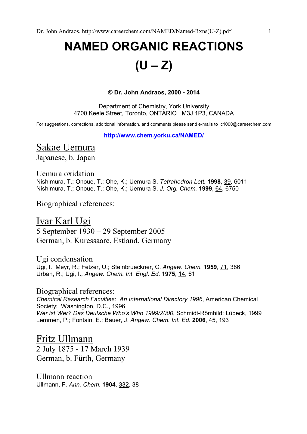 Named Organic Reactions (U – Z)