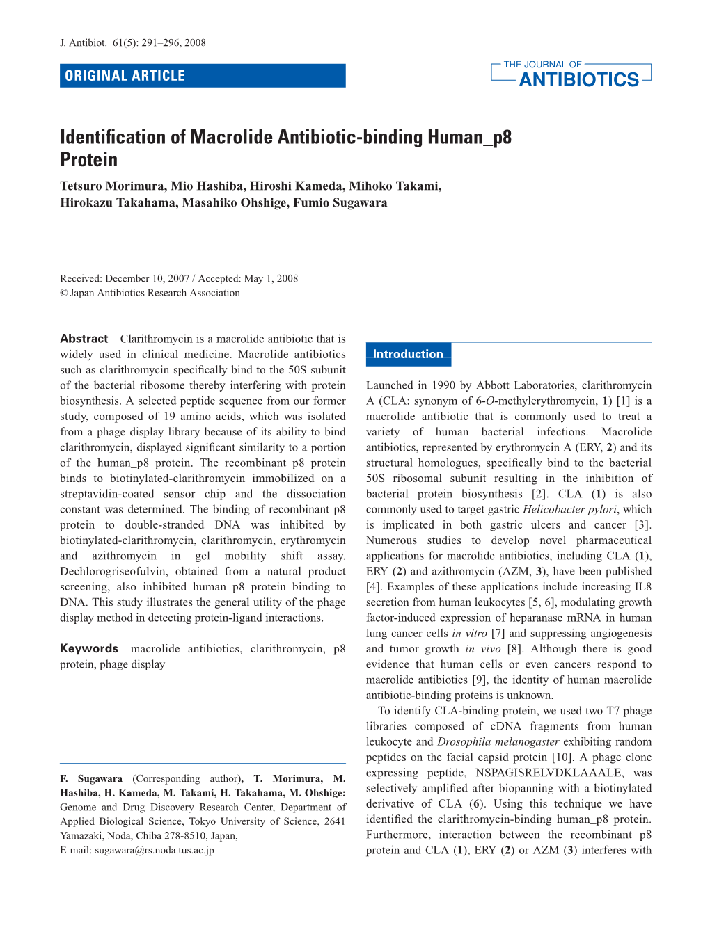 Identification of Macrolide Antibiotic-Binding Human P8 Protein