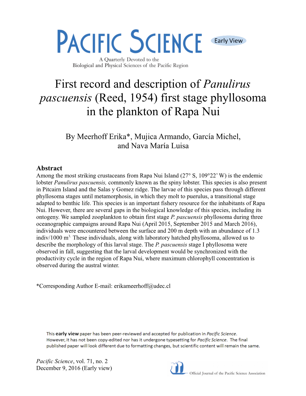 First Record and Description of Panulirus Pascuensis (Reed, 1954) First Stage Phyllosoma in the Plankton of Rapa Nui