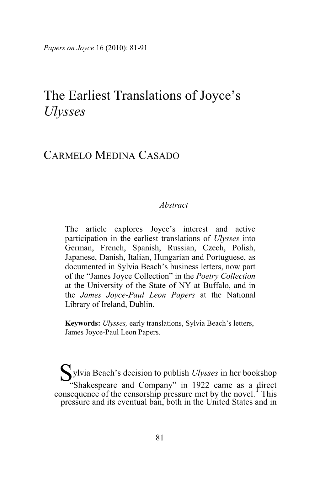 The Earliest Translations of Joyce's Ulysses