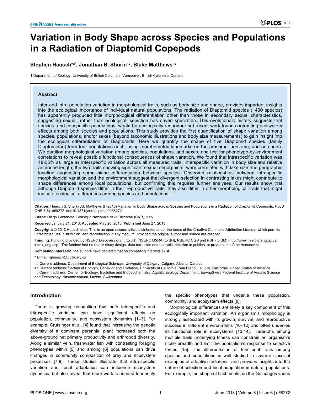 Variation in Body Shape Across Species and Populations in a Radiation of Diaptomid Copepods