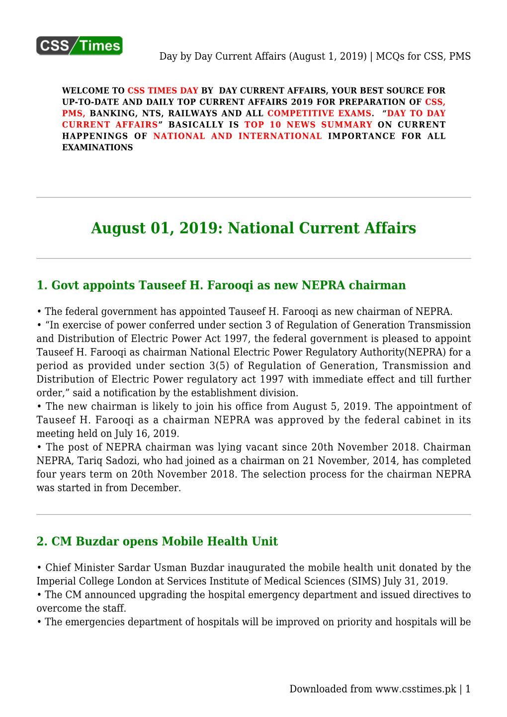 Day by Day Current Affairs (August 1, 2019) | Mcqs for CSS, PMS