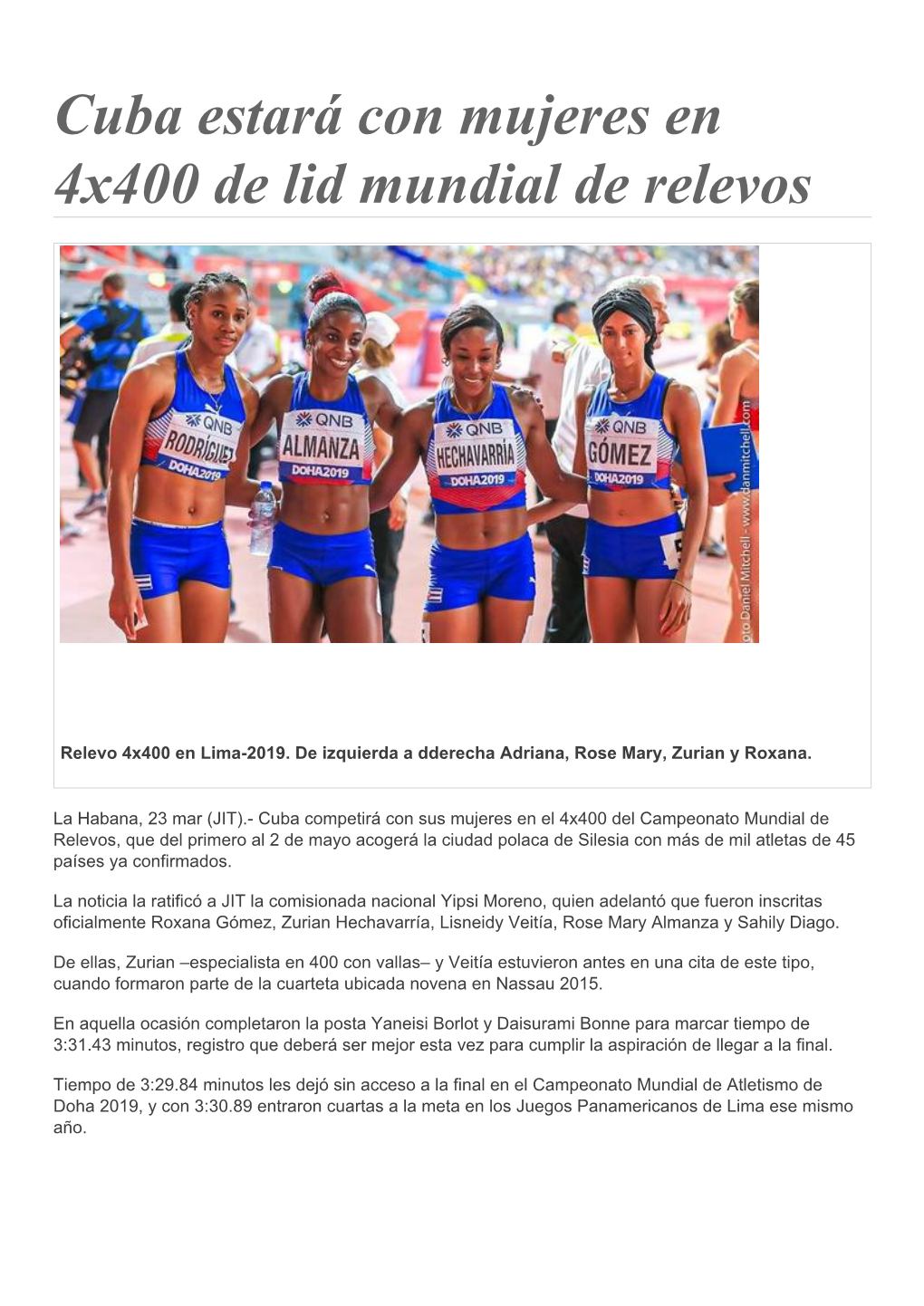 Cuba Estará Con Mujeres En 4X400 De Lid Mundial De Relevos