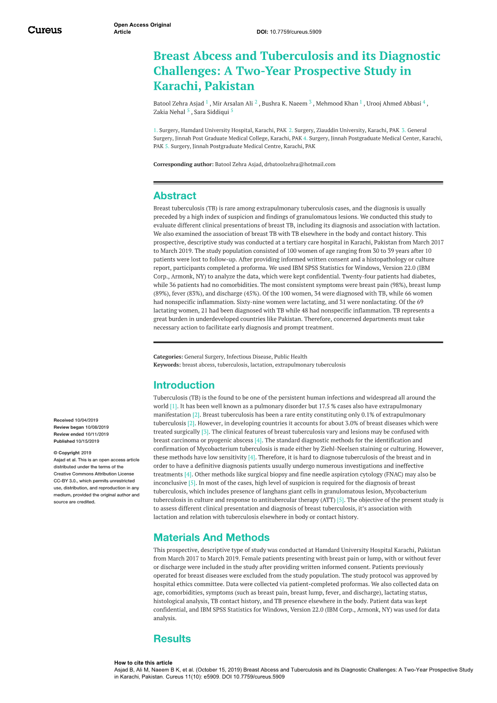 Breast Abcess and Tuberculosis and Its Diagnostic Challenges: a Two-Year Prospective Study in Karachi, Pakistan