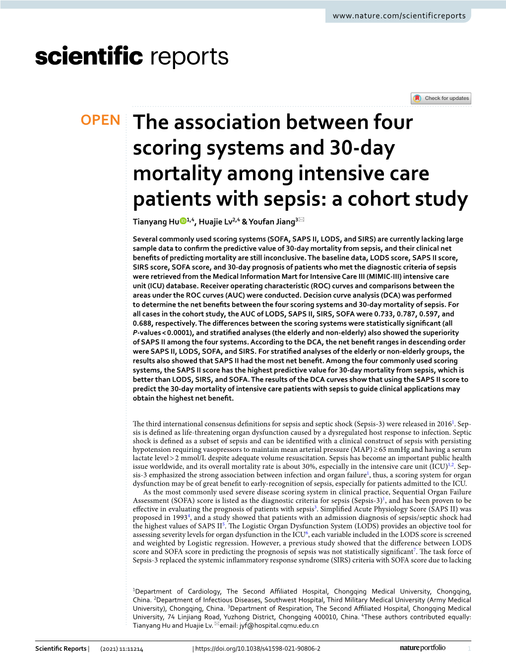 The Association Between Four Scoring Systems and 30-Day Mortality Among Intensive Care Patients with Sepsis