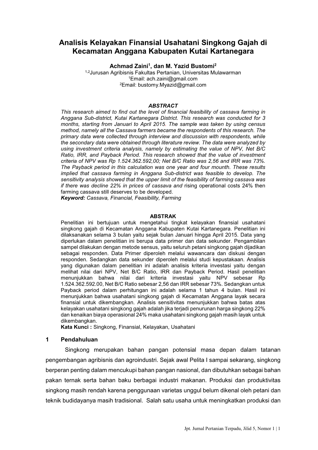 Analisis Kelayakan Finansial Usahatani Singkong Gajah Di Kecamatan Anggana Kabupaten Kutai Kartanegara