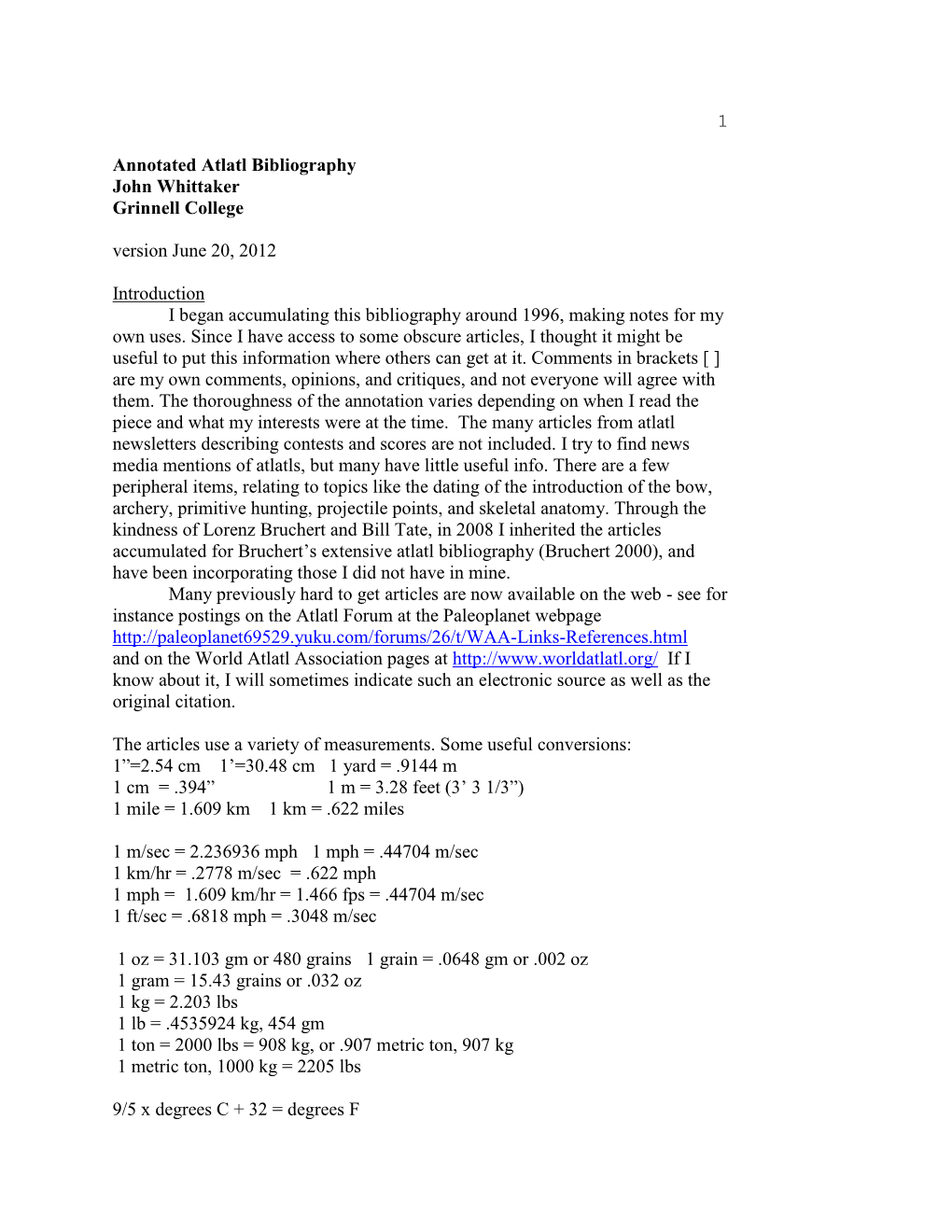 Annotated Atlatl Bibliography John Whittaker Grinnell College Version June 20, 2012