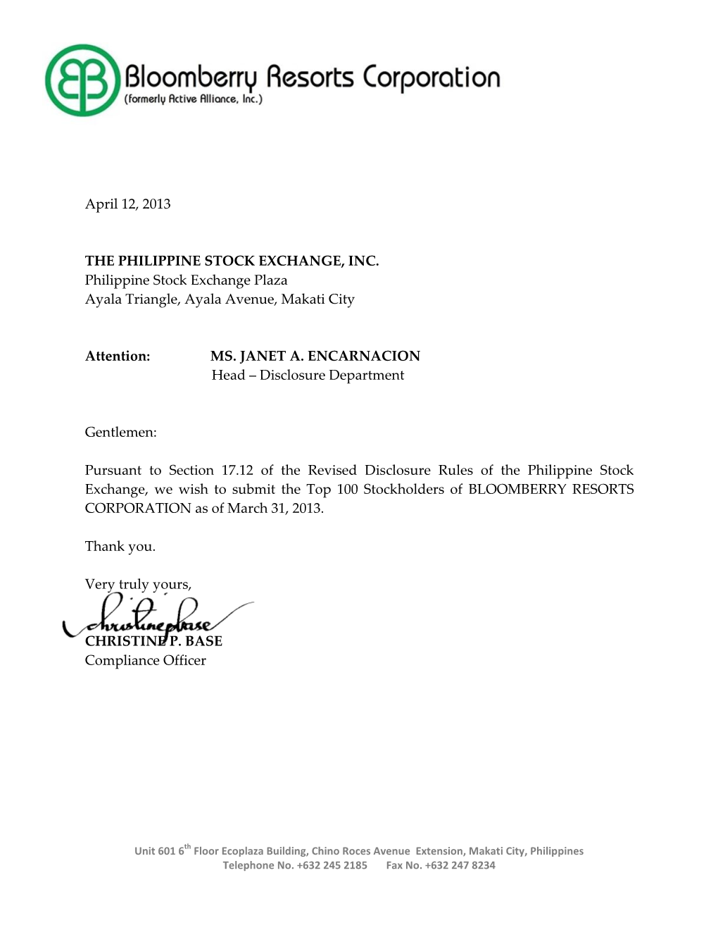 April 12, 2013 the PHILIPPINE STOCK EXCHANGE, INC