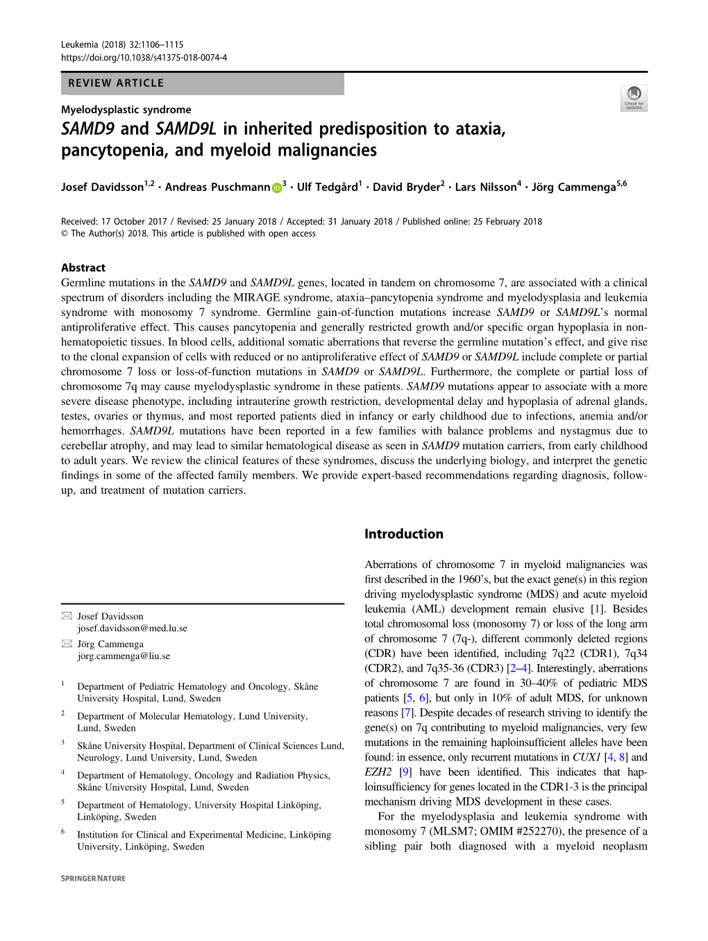 SAMD9 and SAMD9L in Inherited Predisposition to Ataxia, Pancytopenia, and Myeloid Malignancies