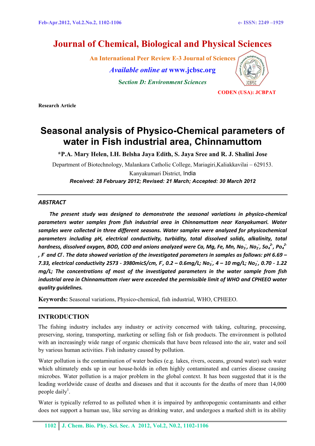 Journal of Chemical, Biological and Physical Sciences Seasonal