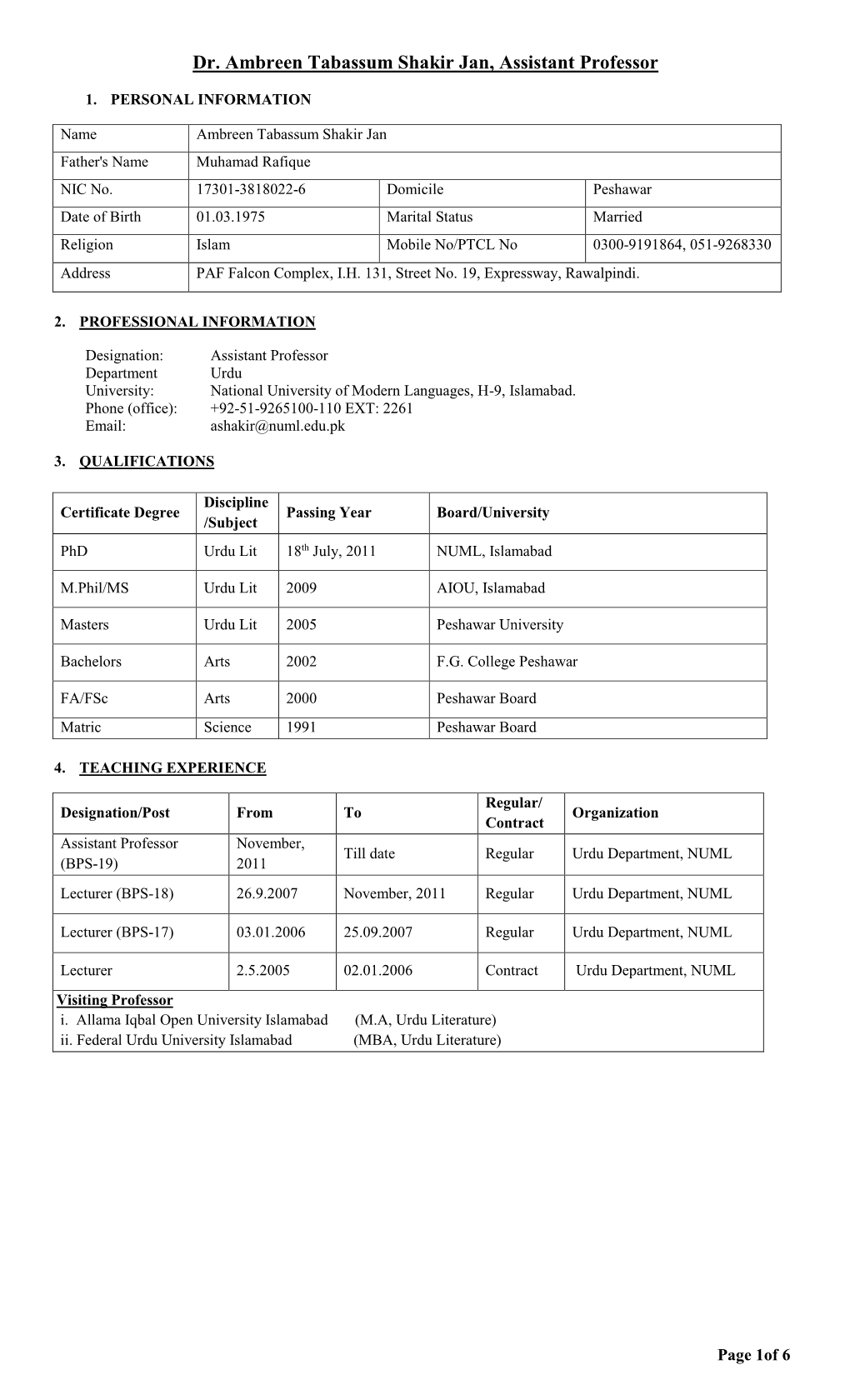 Dr. Ambreen Tabassum Shakir Jan, Assistant Professor