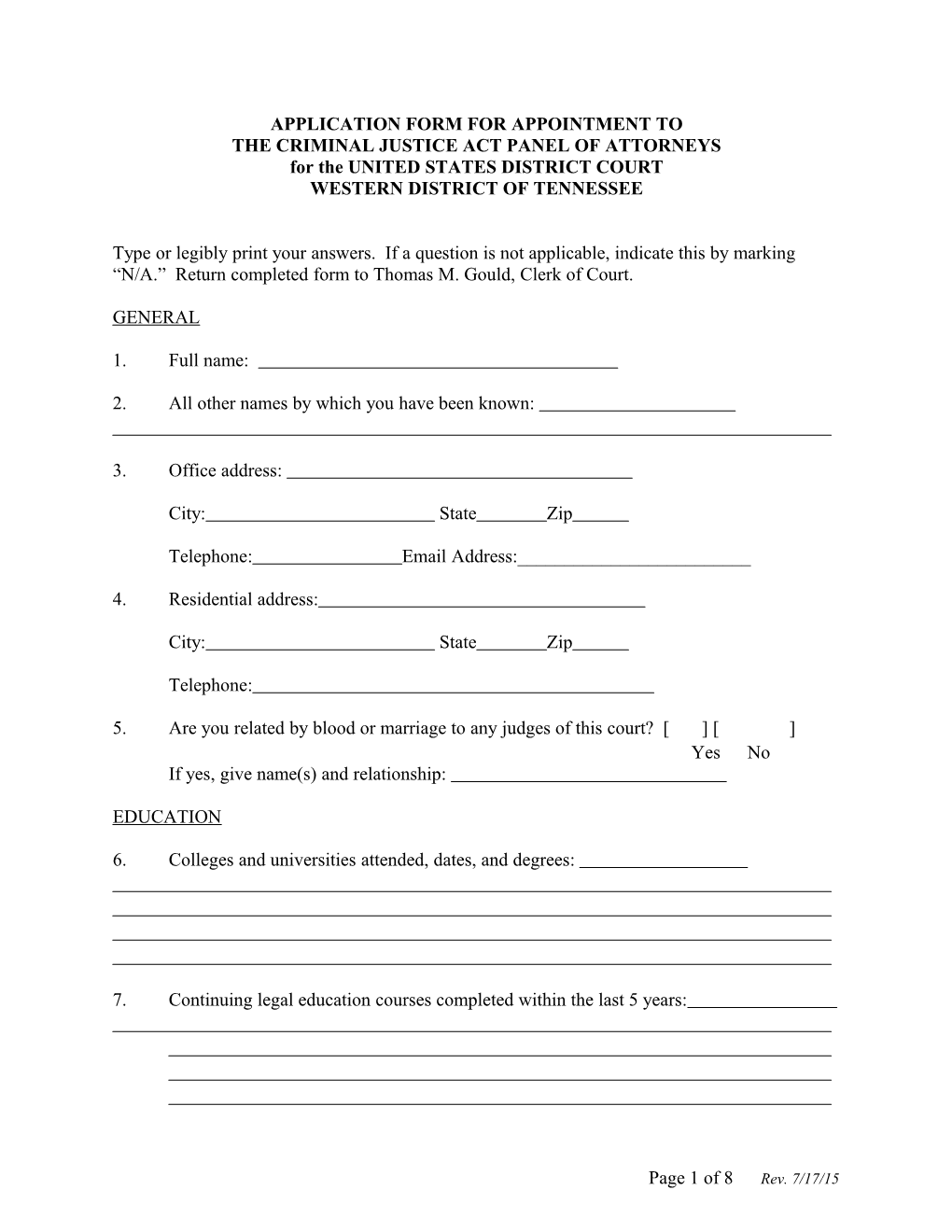 Application Form for Appointment To