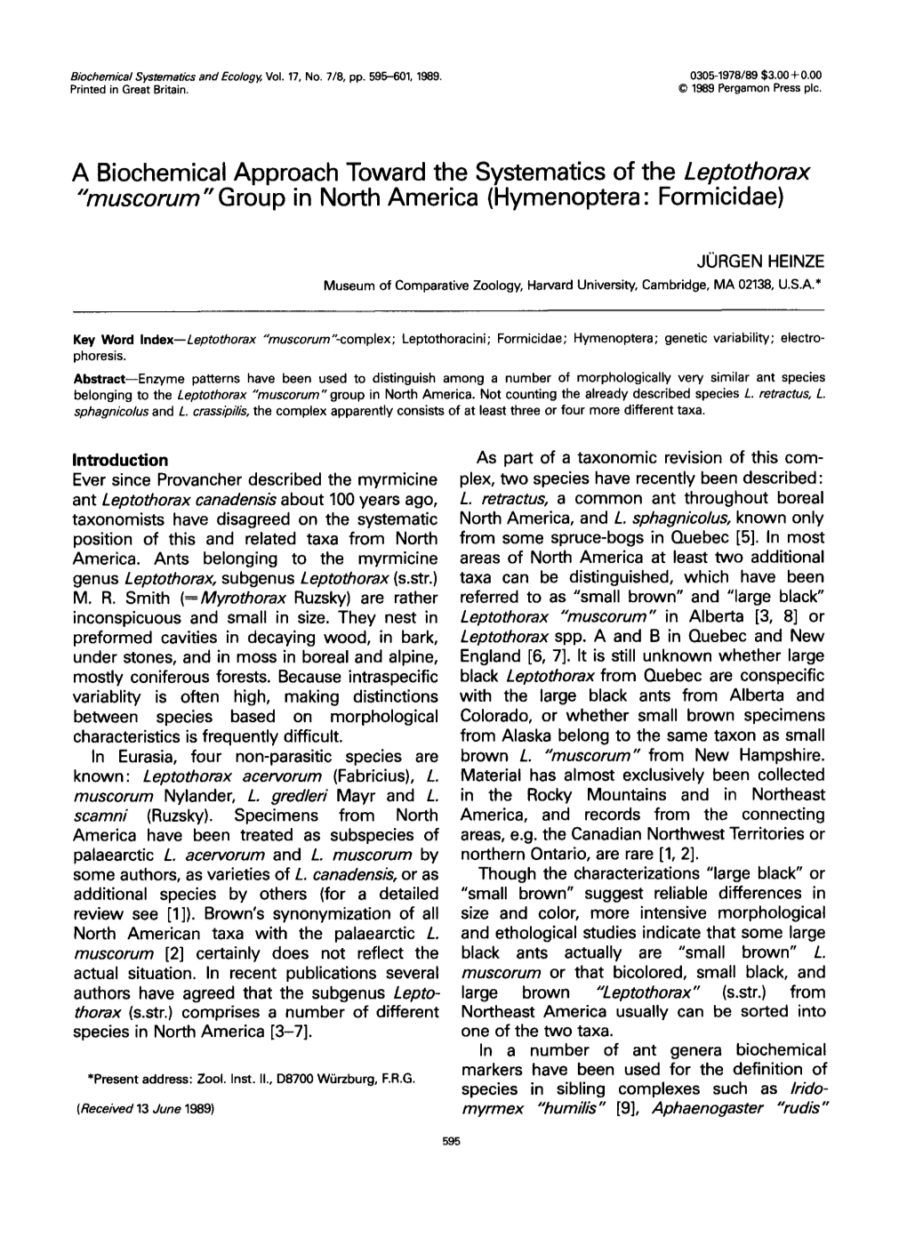 A Biochemical Approach Toward the Systematics of the Leptothorax "Muscorum" Group in North America (Hymenoptera" Formicidae)