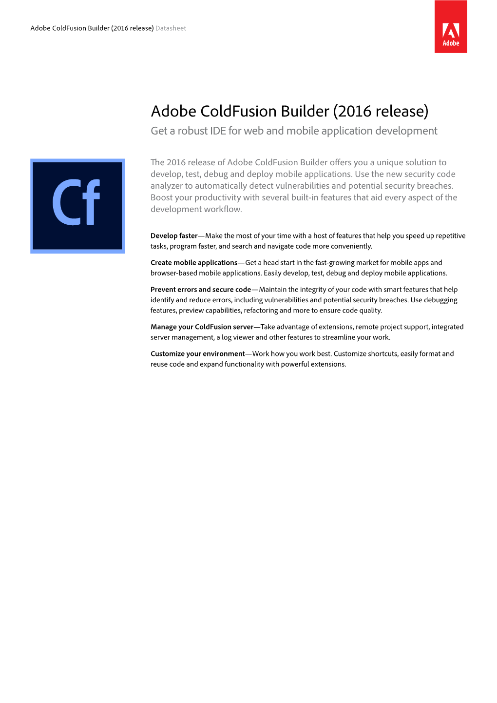 Adobe Coldfusion Builder (2016 Release) Datasheet