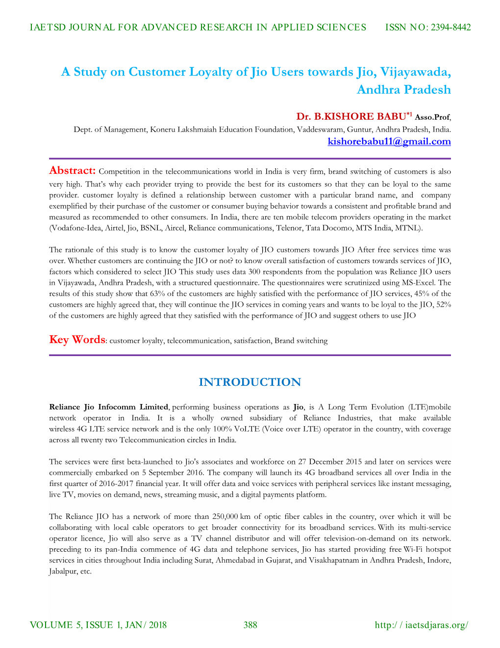 A Study on Customer Loyalty of Jio Users Towards Jio, Vijayawada, Andhra Pradesh