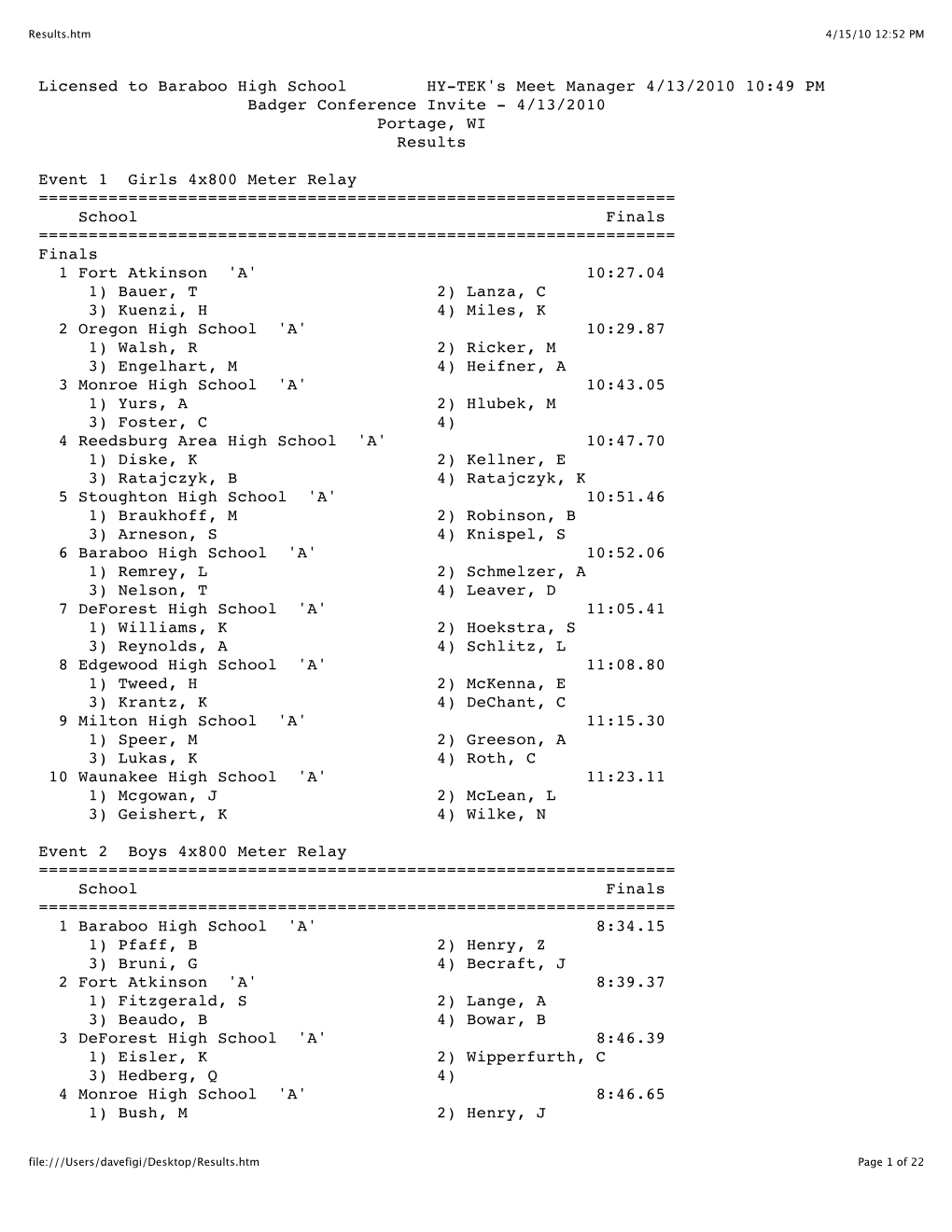 Licensed to Baraboo High School HY-TEK's Meet Manager 4/13/2010 10:49 PM Badger Conference Invite - 4/13/2010 Portage, WI Results