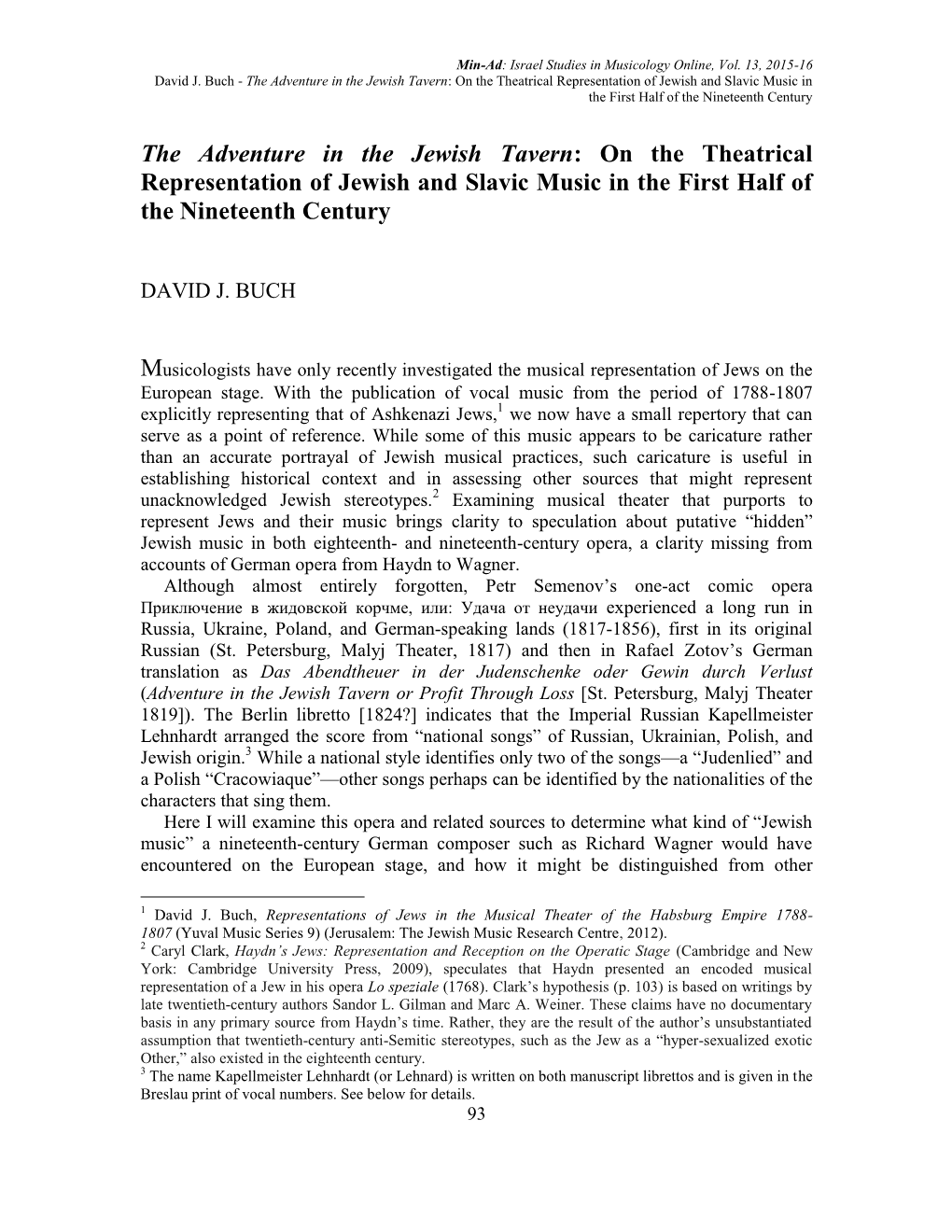 The Adventure in the Jewish Tavern: on the Theatrical Representation of Jewish and Slavic Music in the First Half of the Nineteenth Century