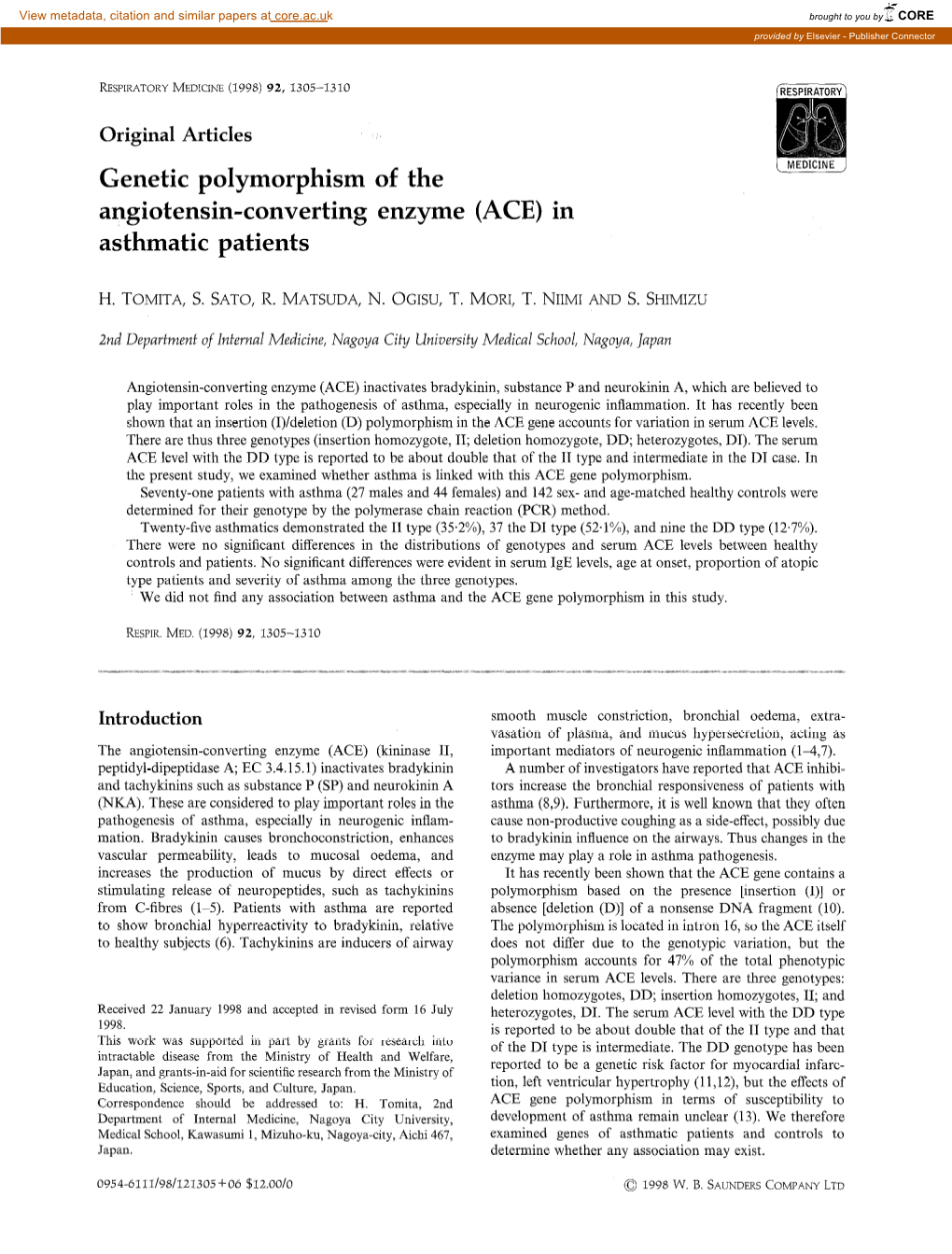 Genetic Polymorphism of the Angiotensin-Converting Enzyme (ACE) in Asthmatic Patients