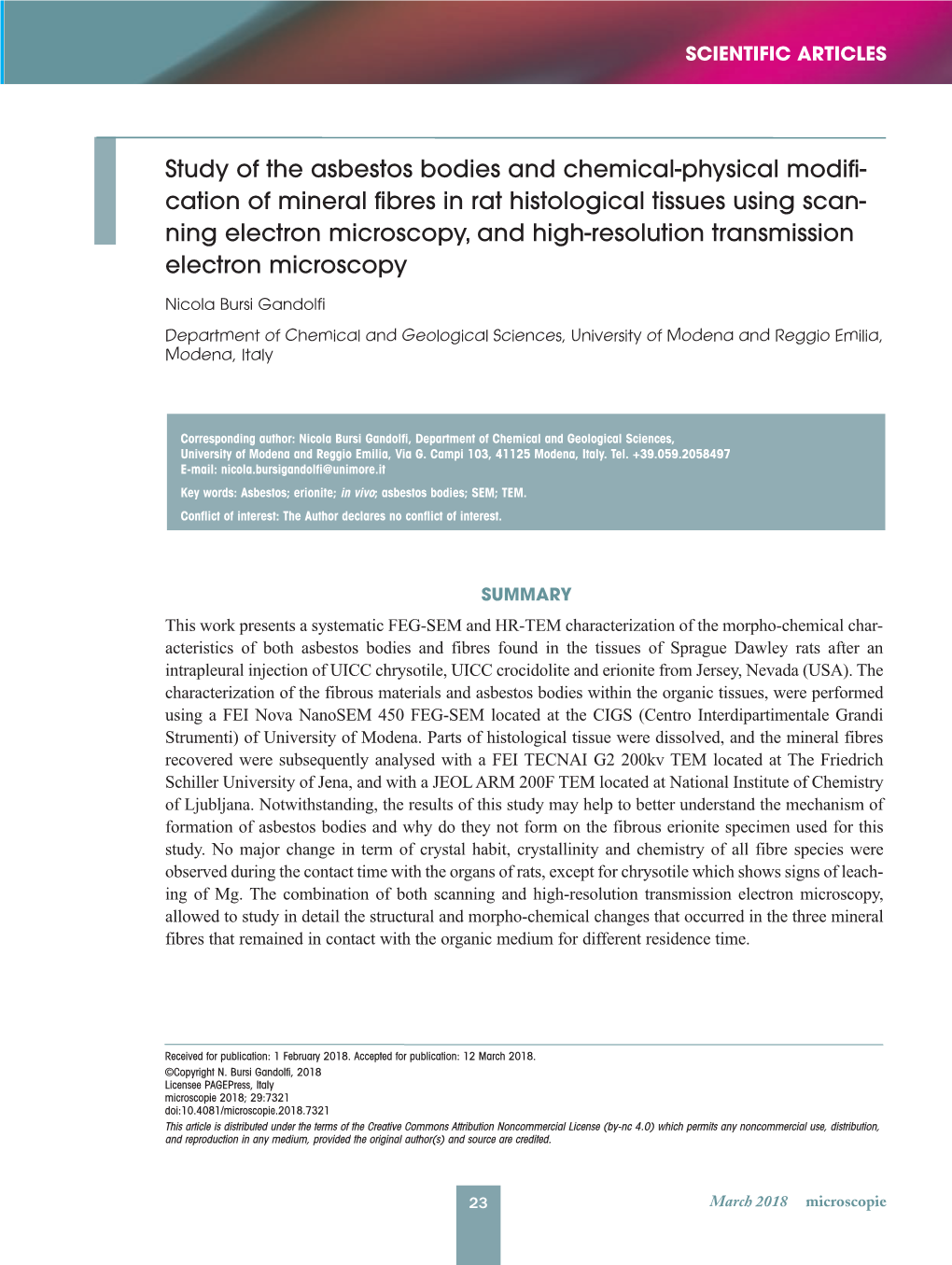 Study of the Asbestos Bodies and Chemical-Physical Modifi- Cation of Mineral Fibres in Rat Histological Tissues Using Scan