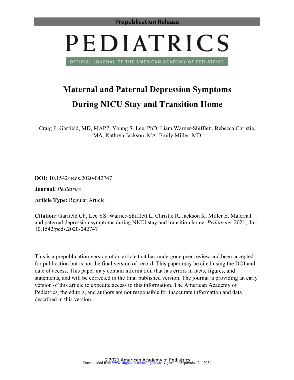 Maternal and Paternal Depression Symptoms During NICU Stay and Transition Home