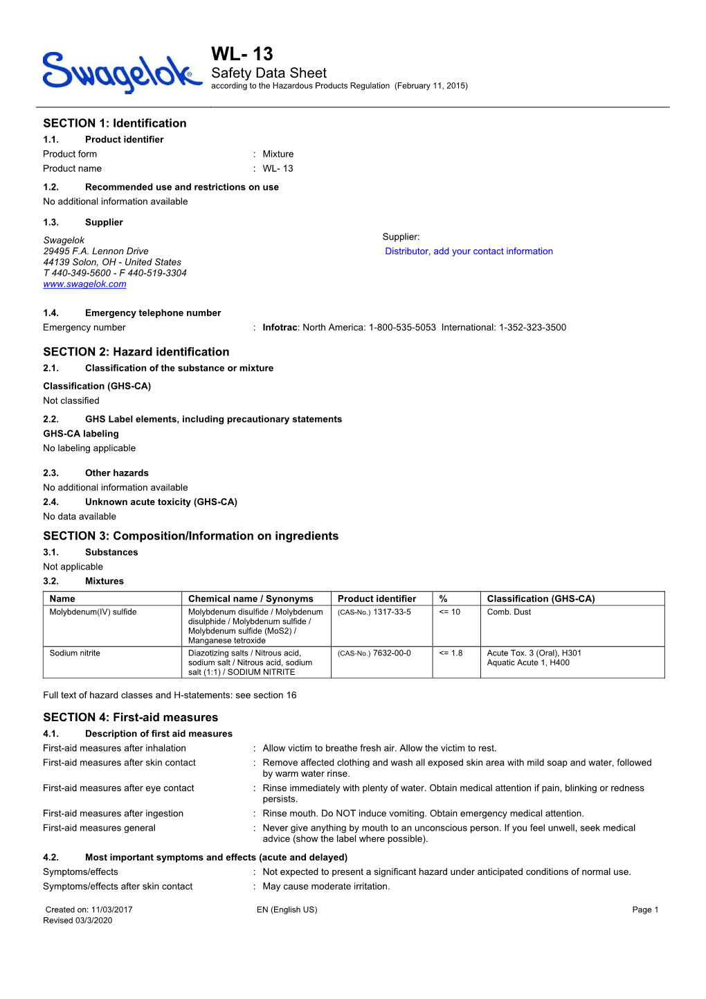 WL-13 Safety Data Sheet, Canada (SDS-WL-13-CA