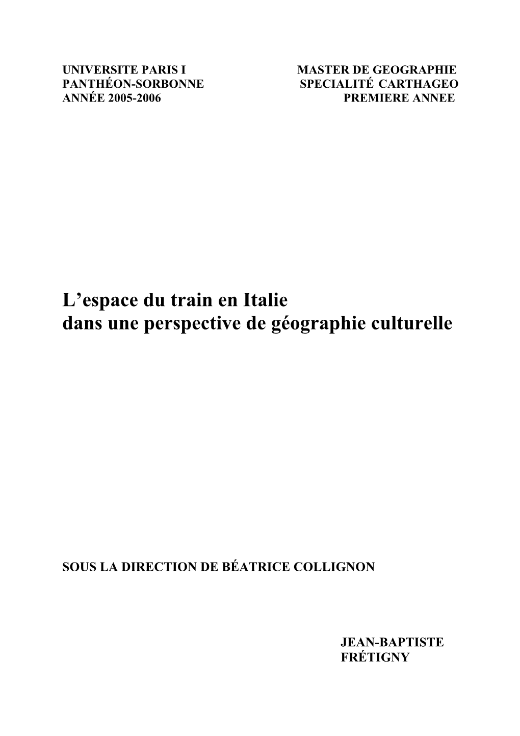 L'espace Du Train En Italie Dans Une Perspective De Géographie Culturelle