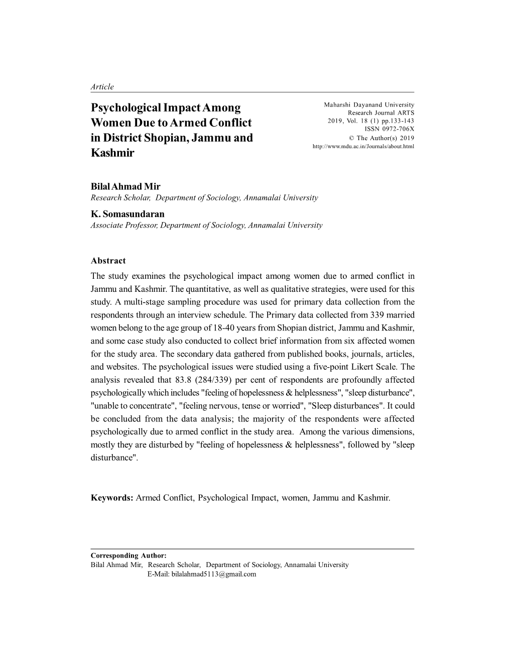 Psychological Impact Among Women Due to Armed Conflict in District