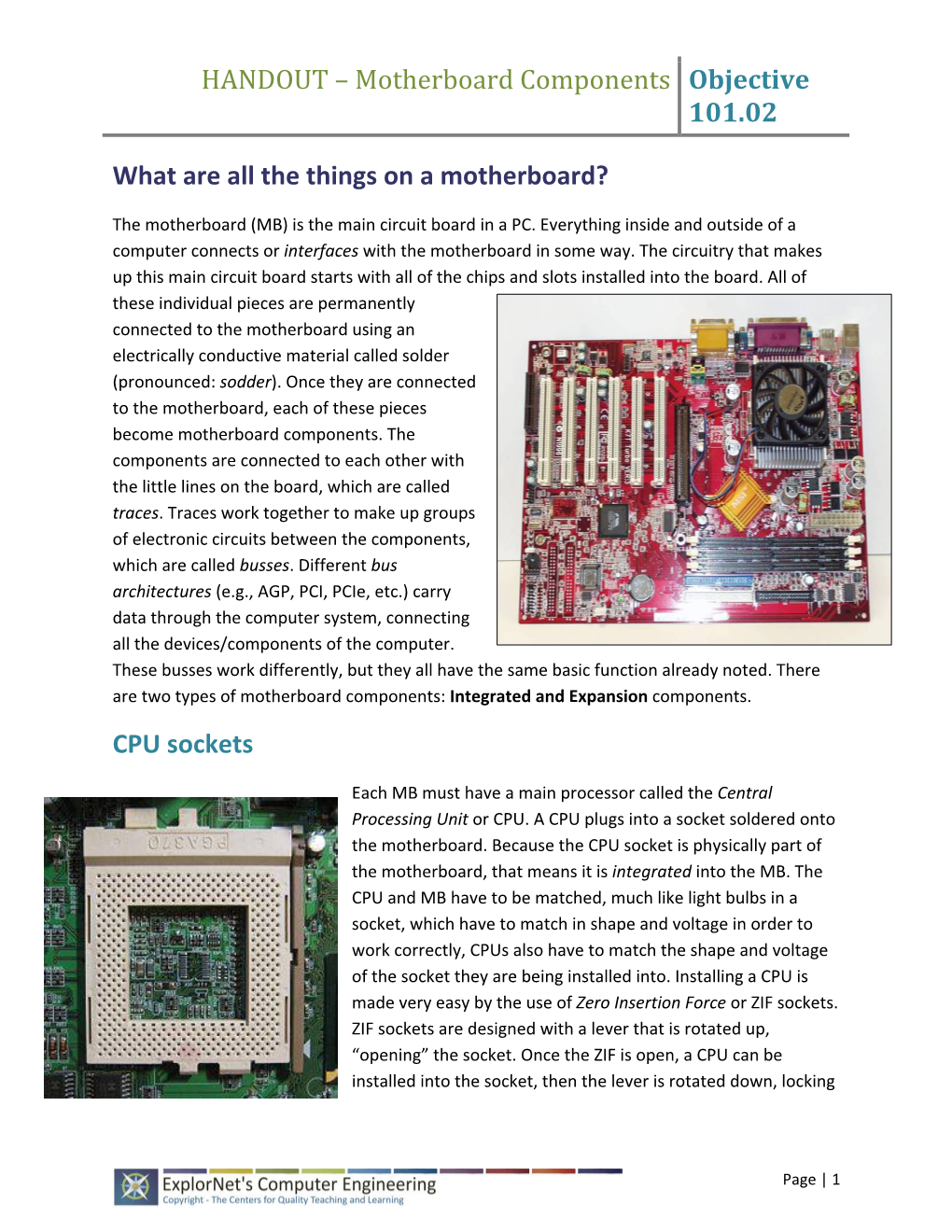 HANDOUT – Motherboard Components Objective 101.02