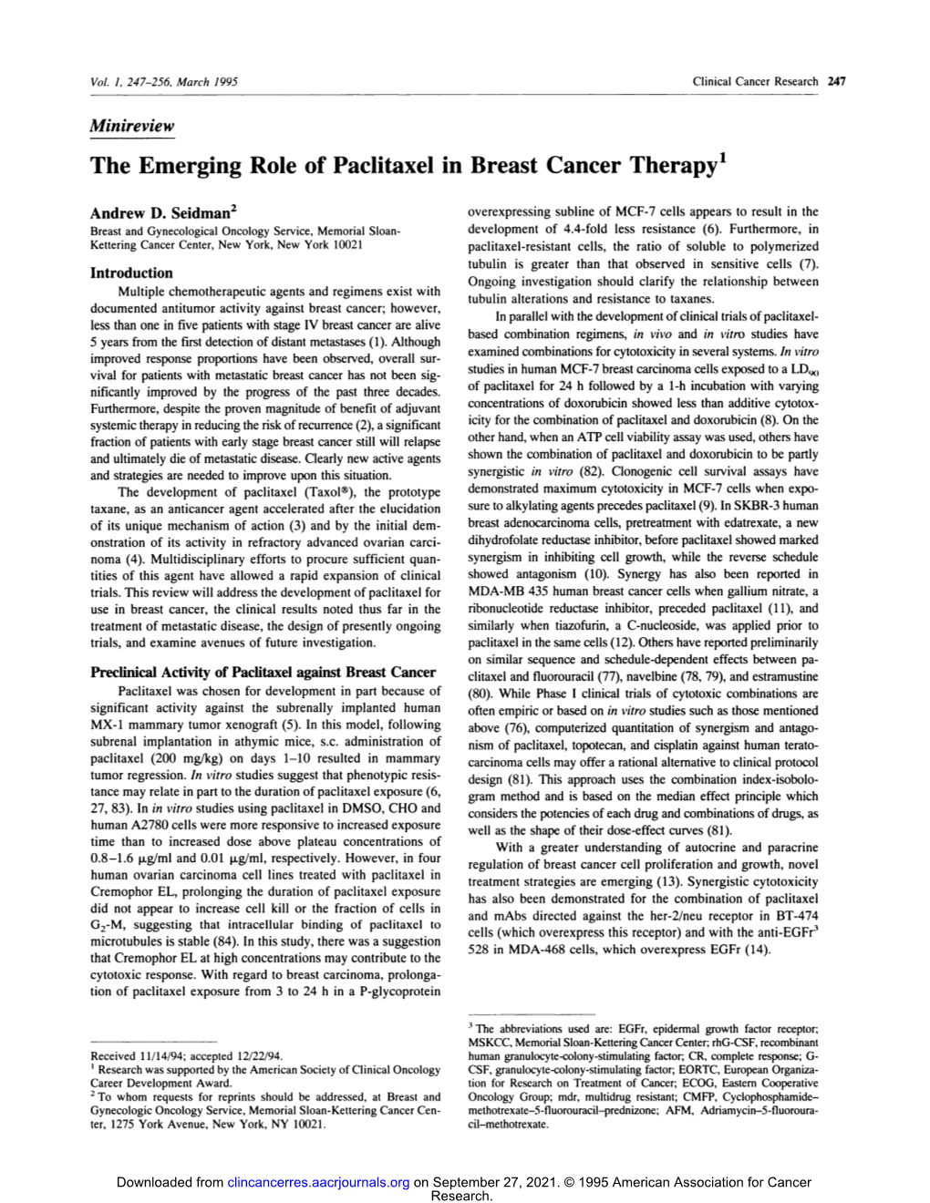 The Emerging Role of Paclitaxel in Breast Cancer Therapy1