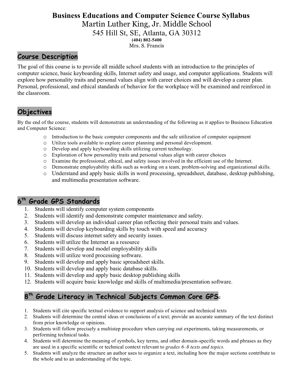 Business Educations and Computer Science Course Syllabus Martin Luther King, Jr