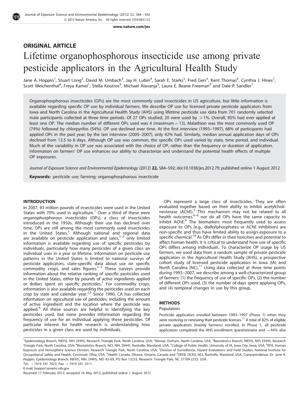 Lifetime Organophosphorous Insecticide Use Among Private Pesticide Applicators in the Agricultural Health Study