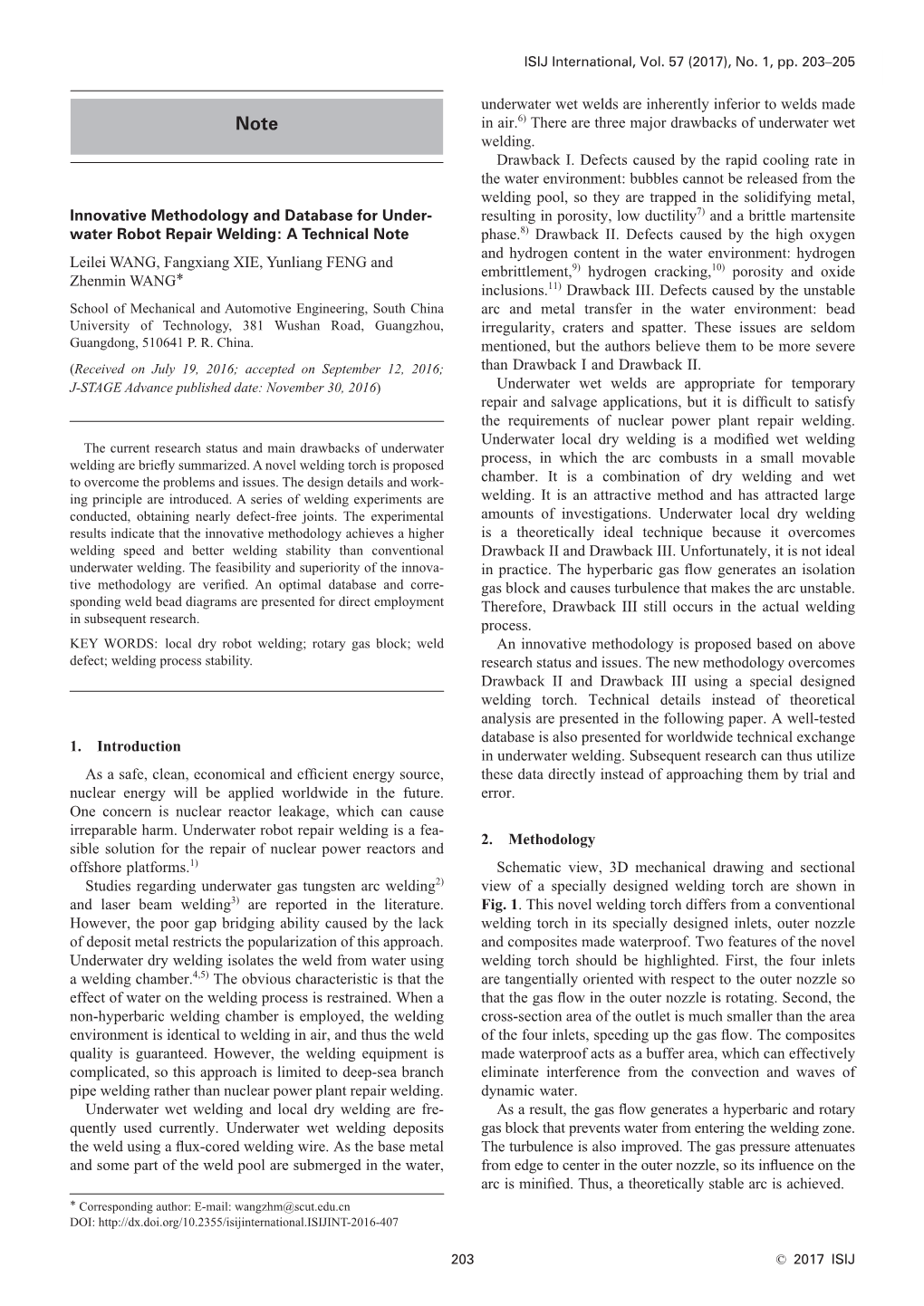 Water Robot Repair Welding: a Technical Note Leilei WANG