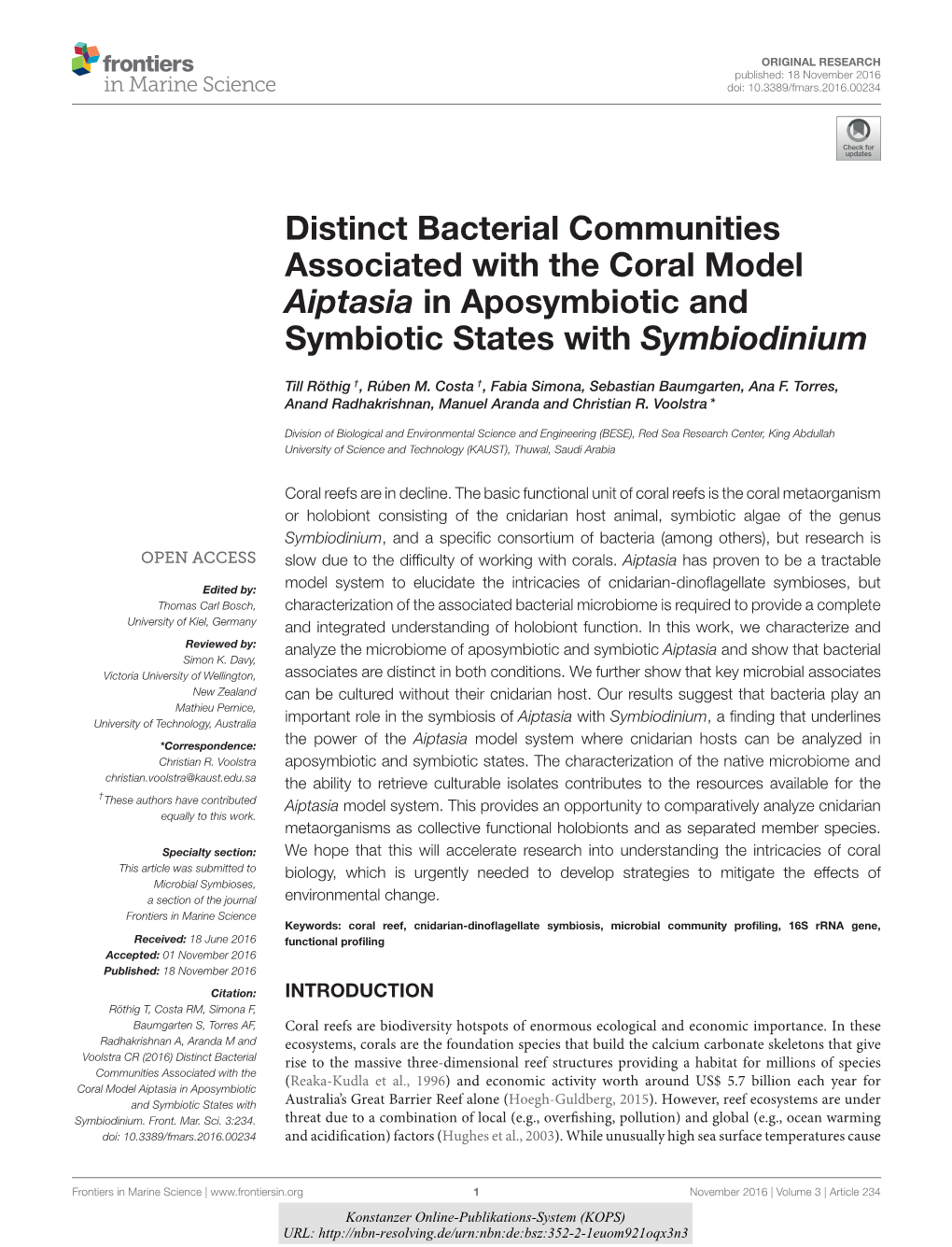 Distinct Bacterial Communities Associated with the Coral Model Aiptasia in Aposymbiotic and Symbiotic States with Symbiodinium