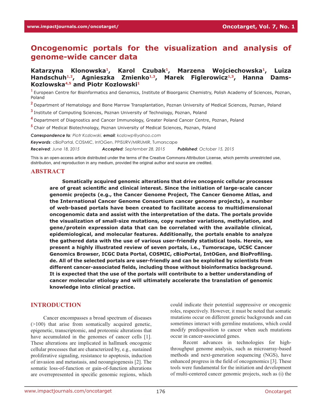 Oncogenomic Portals for the Visualization and Analysis of Genome-Wide Cancer Data