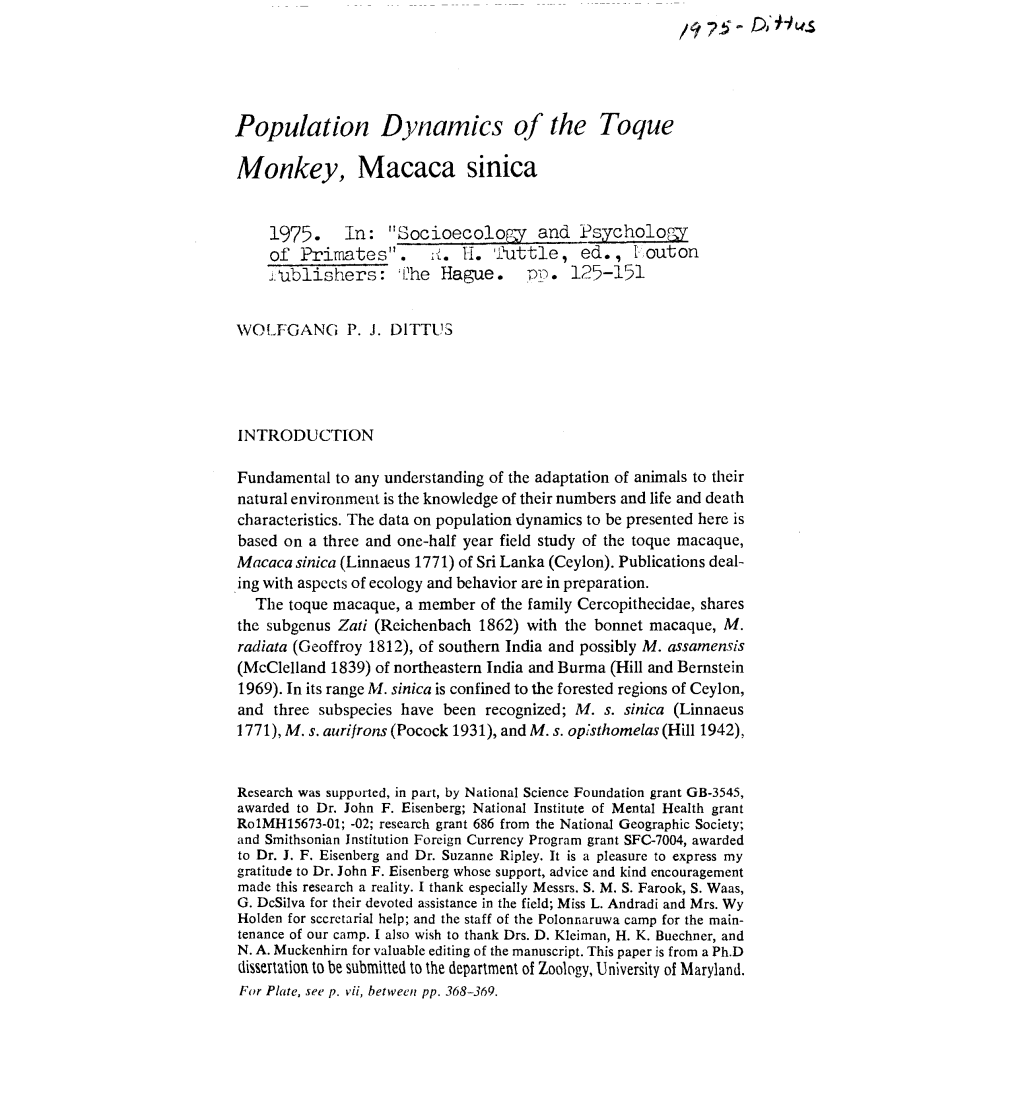 Population Dynamics of the Toque Monkey, Macaca Sinica