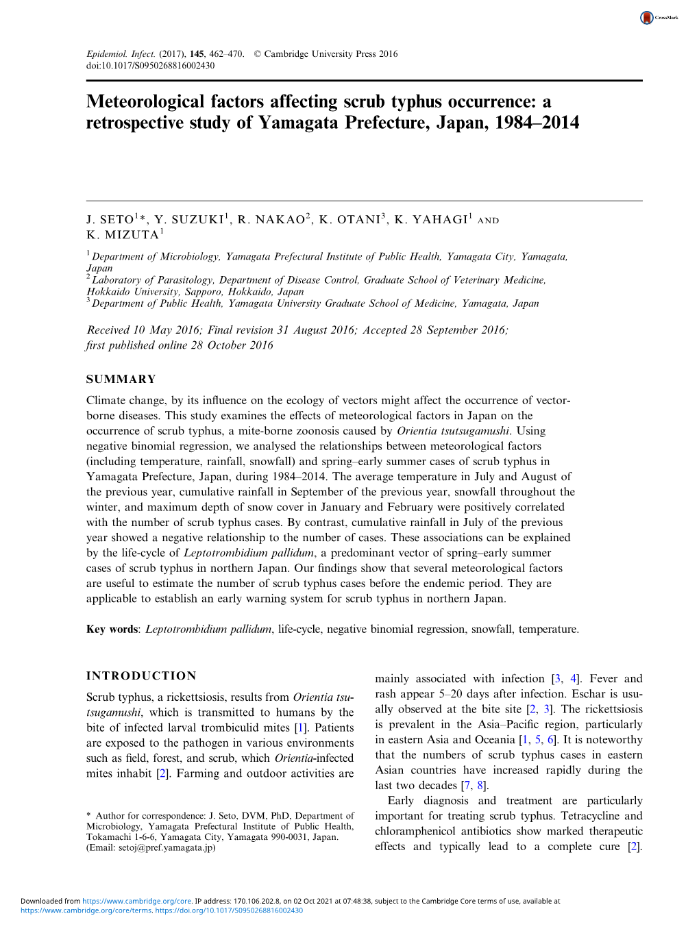 A Retrospective Study of Yamagata Prefecture, Japan, 1984–2014