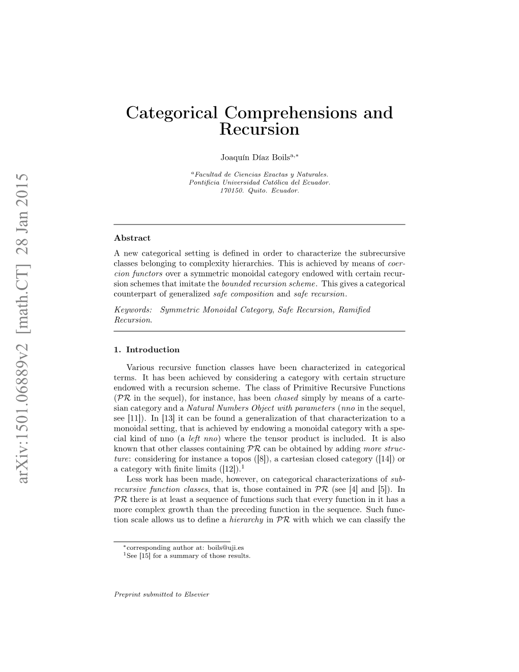 Categorical Comprehensions and Recursion Arxiv:1501.06889V2