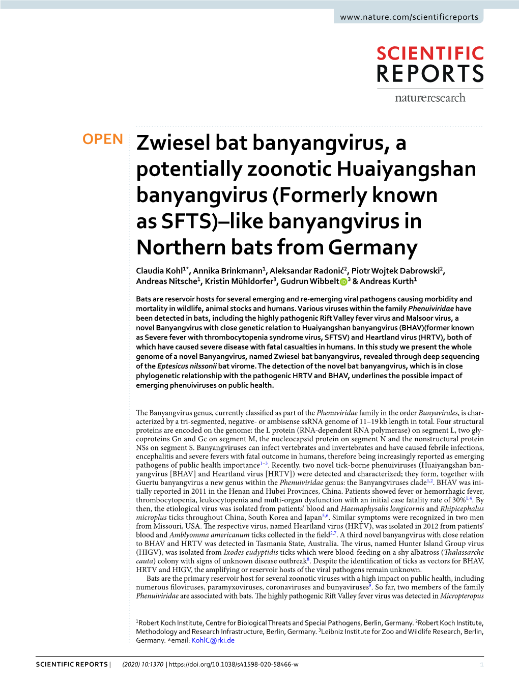 Zwiesel Bat Banyangvirus, a Potentially Zoonotic Huaiyangshan