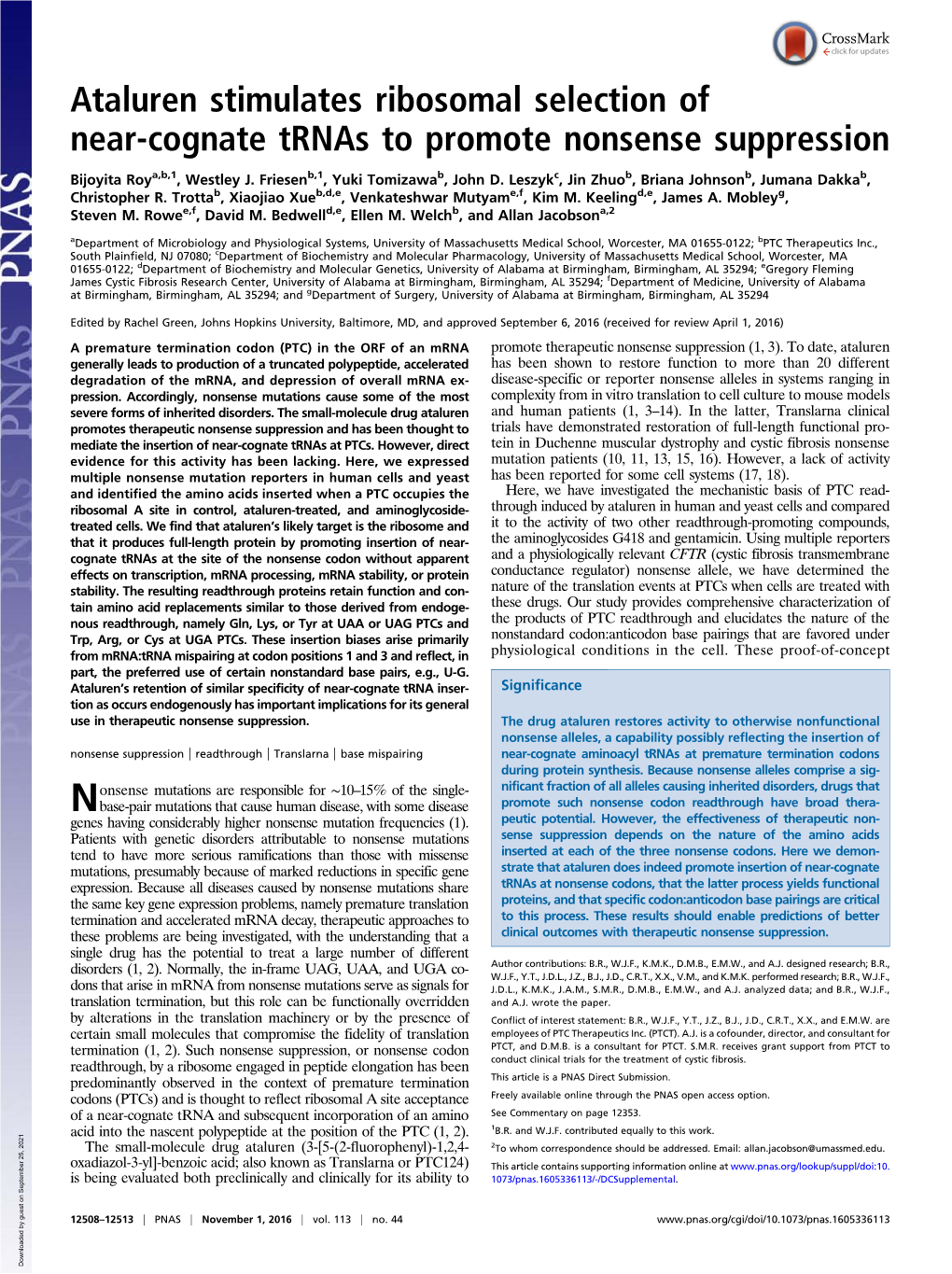 Ataluren Stimulates Ribosomal Selection of Near-Cognate Trnas to Promote Nonsense Suppression