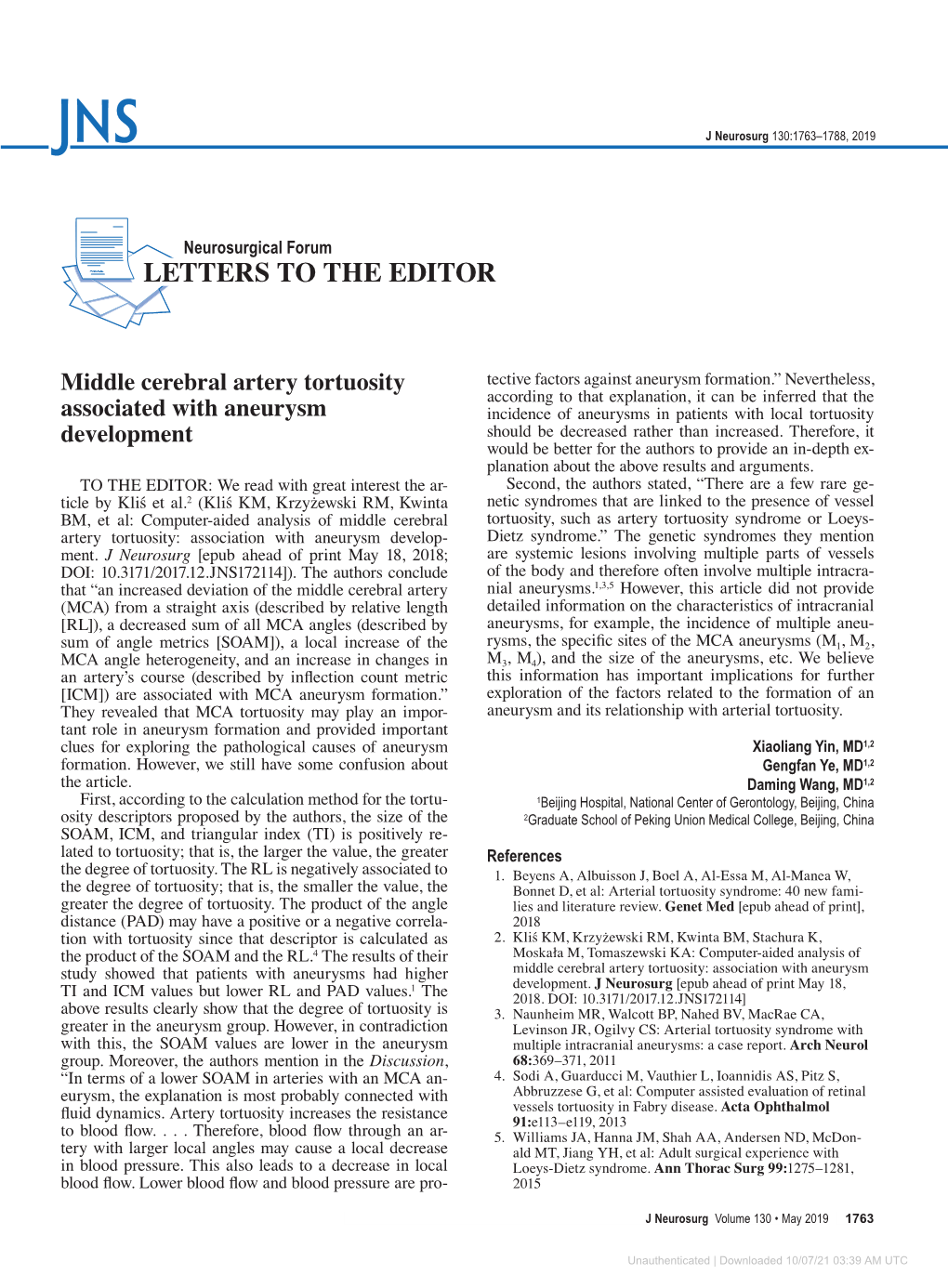 LETTERS to the EDITOR. Middle Cerebral Artery Tortuosity Associated