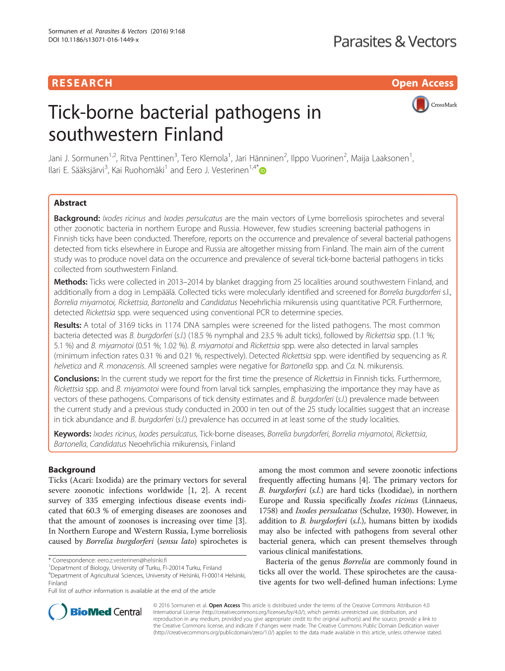 Tick-Borne Bacterial Pathogens in Southwestern Finland Jani J