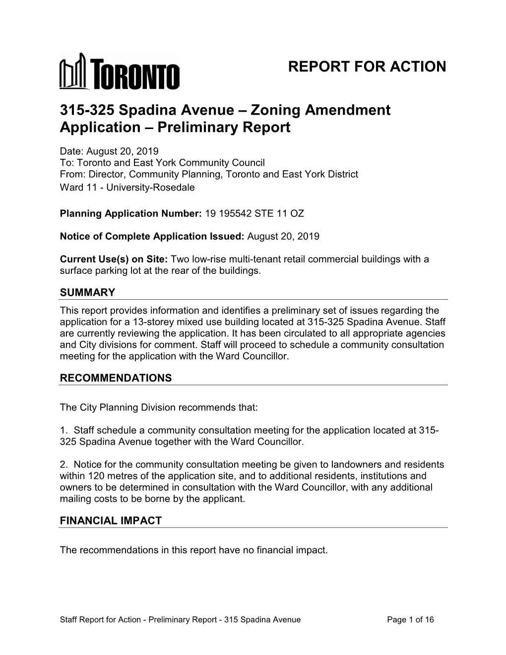 315-325 Spadina Avenue – Zoning Amendment Application – Preliminary Report