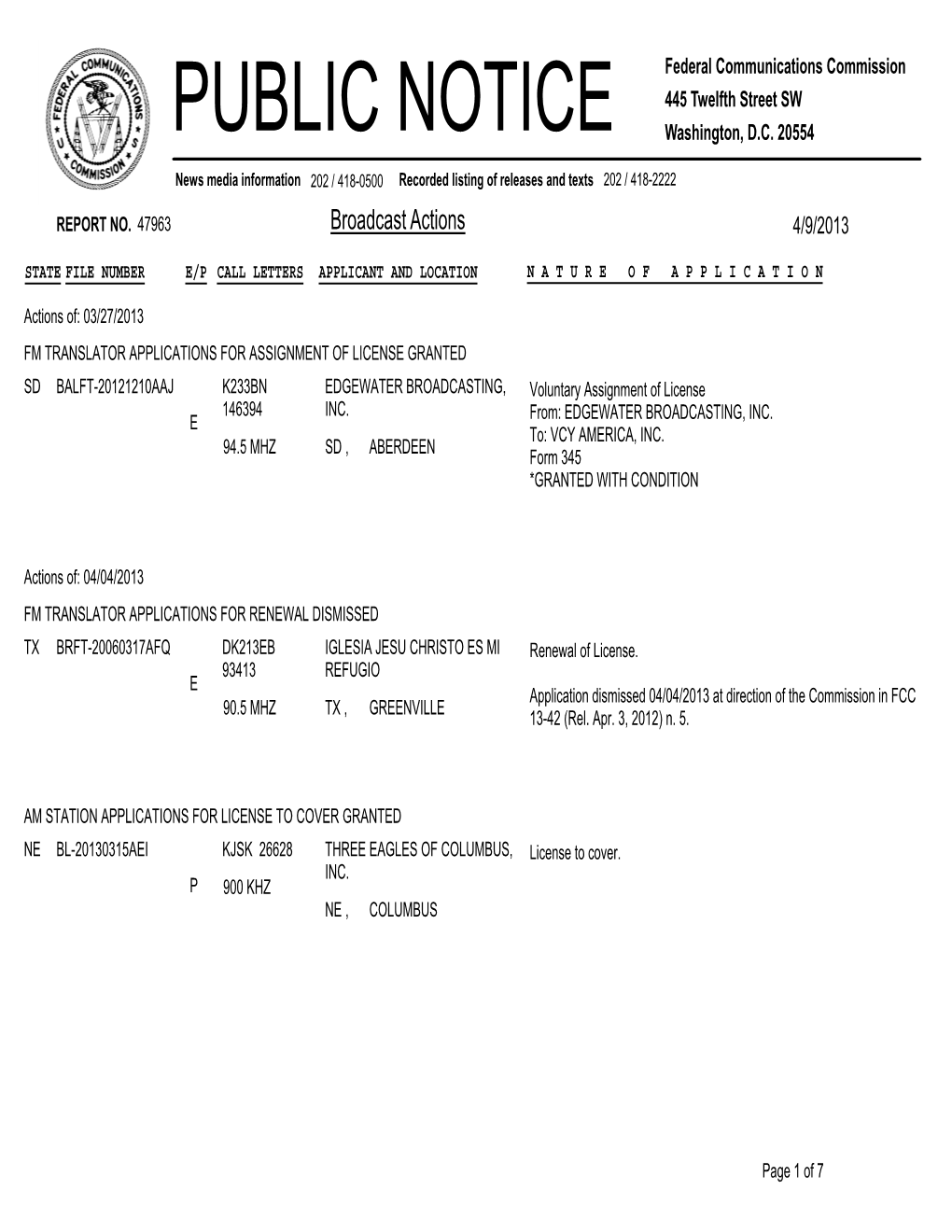 Broadcast Actions 4/9/2013