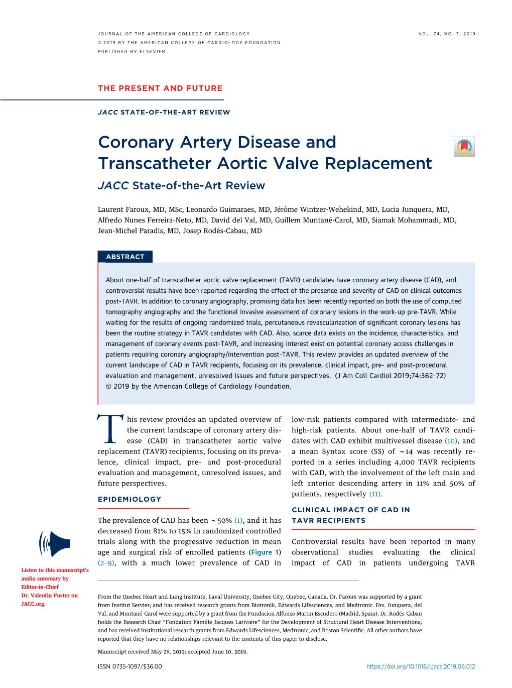 Coronary Artery Disease and Transcatheter Aortic Valve Replacement JACC State-Of-The-Art Review