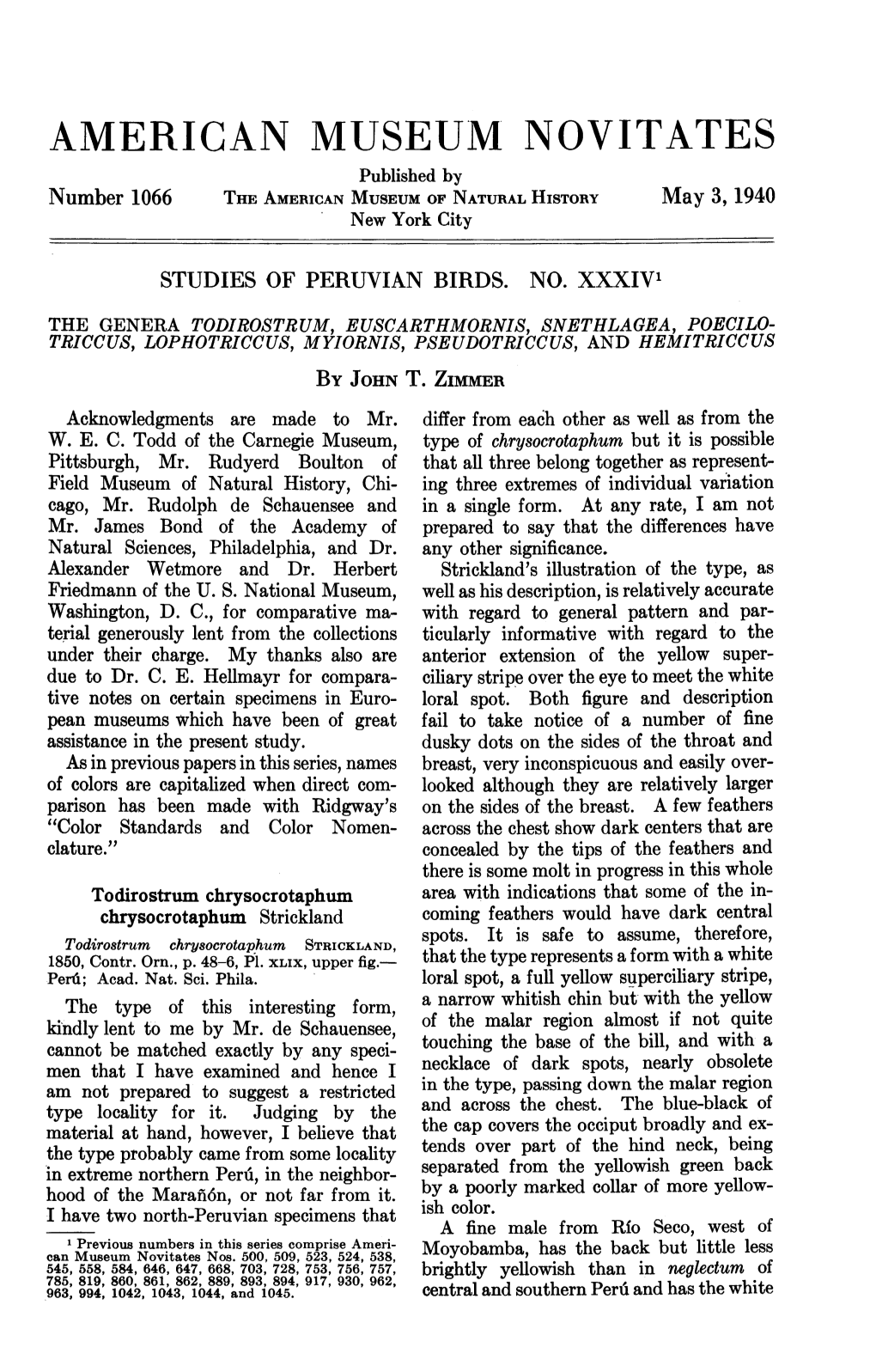 AMERICAN MUSEUM NOVITATES Published by Number 1066 the AMERICAN MUSEUM of NATURAL HISTORY May 3, 1940 New York City